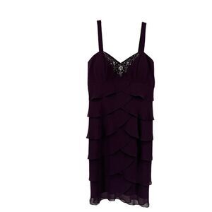 Purple Cocktail Dress Tiered Ruffle Beaded V Neck Mother Of The Bride Size 10